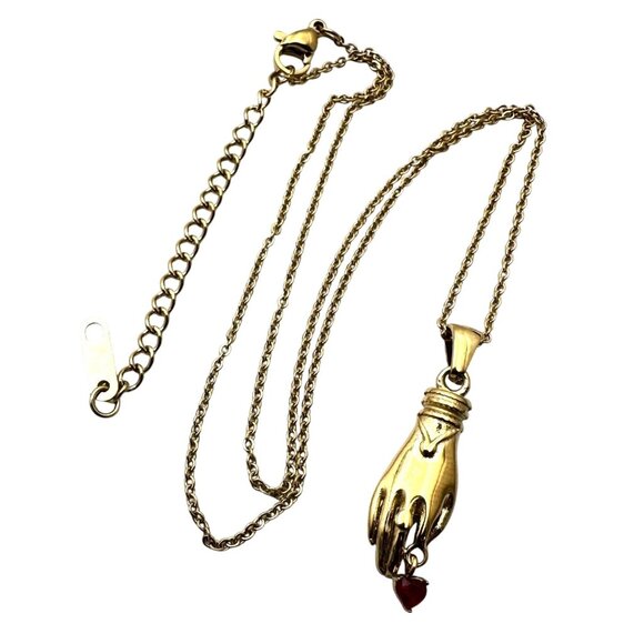 Vintage Style Necklace Hand Pendant Red Heart Rhinestone 18K Gold Plated - Picture 4 of 6